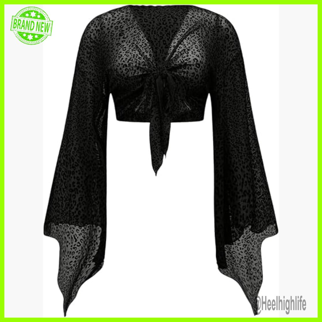 Plus Size Mesh Crop Top Long Sleeve Tie Front Blouse Gothic Grunge